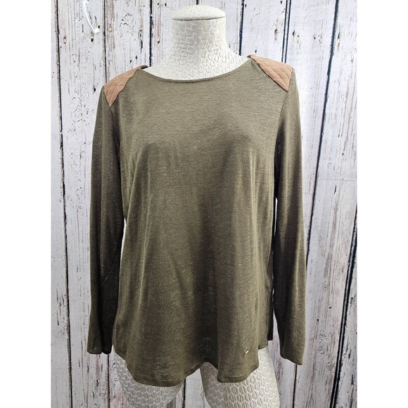 CS Women's M Massimo Dutti 100% Linen Light Knit Sweater W Leather Shoulder EUC - Picture 2 of 8